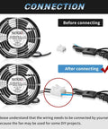Installation guide for Dope High Speed Axial Muffin Fan 172mm By 152mm By 51mm with switch, showing before and after connections.