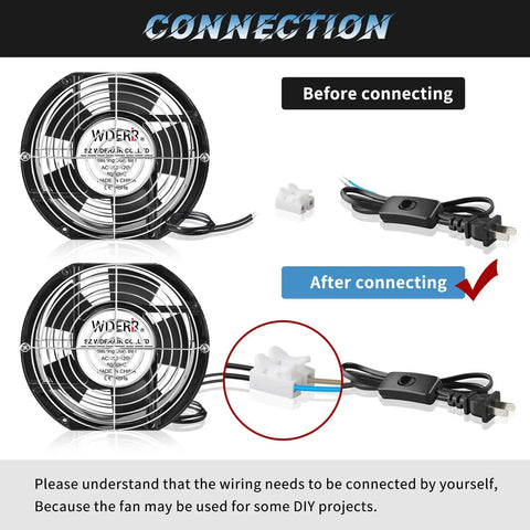 Installation guide for Dope High Speed Axial Muffin Fan 172mm By 152mm By 51mm with switch, showing before and after connections.