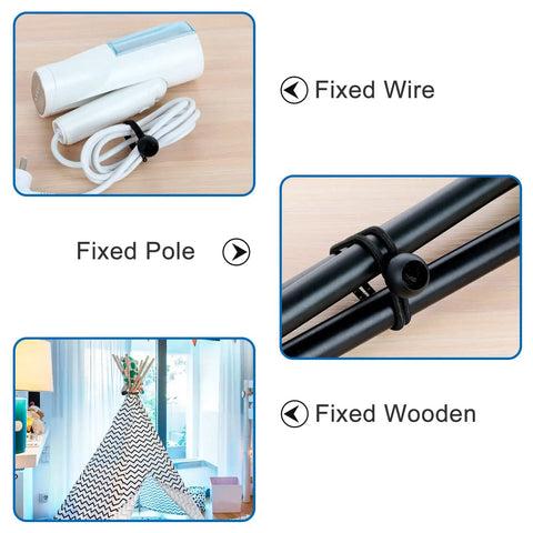 8 Inch Bungee Balls With Toggle Locks securing wires, poles, and wooden items for versatile use in various setups.