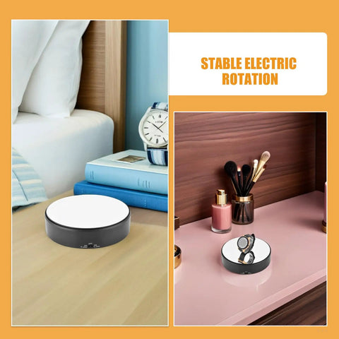 Heavy Duty Motorized Electric Rotating Platform With Remote Control For Jewelry Display on a desk with watches and makeup.