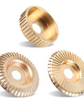Upgraded Four Piece Wood Grinding Wheel Set For Four Inch And Four And A Half Inch Angle Grinders With Chain Attachment showing three discs