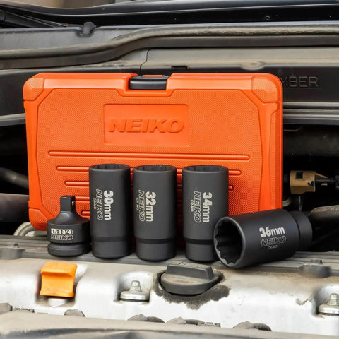 Heavy Duty 5 Piece 12 Point Socket Set 1/2 Drive for Axle Nut and Lug Nut Removal, Cr-Mo Impact Set, orange case, black sockets