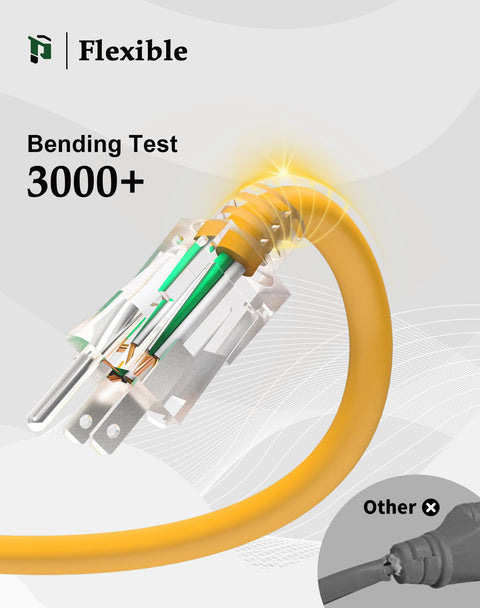 Flexible yellow waterproof 12 gauge 3 prong extension cord with lighted end, bending test 3000+, Heavy Duty 25 Ft Outdoor Extension Cord