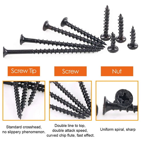 Massive 390 Piece No 7 Coarse Thread Drywall Screws Set showing various sizes, Phillips drive, black oxide finish.