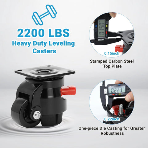 Heavy Duty Leveling Casters For Industrial Machines With Upgraded Ratchet Arm Design Retractable Castors, 2200 LBS Capacity, diagram showing dimensions