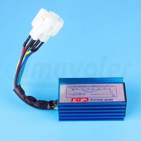 GY6 High Performance Racing CDI Box For 50cc To 150cc Chinese Scooters Go Karts ATVs And Mopeds Fits 139QMB 152QMI 157QMJ Engines Two And Four Pin Connectors AC Fired No Rev Limit Easy Install Durable Alloy Build close-up view