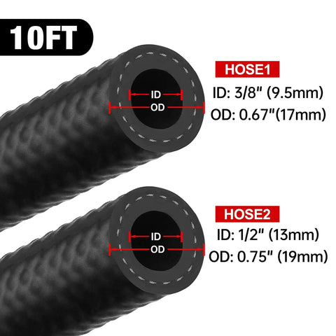 Push Lock Fuel Hose Kit With 3/8 And 1/2 Inch NBR Rubber SAE 30R7, 10 Ft Each, cross-section view of two hoses with dimensions