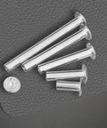 Top Drawer Nickel Plated Chicago Binding Screw Kit holding assorted nickel posts in various lengths for heavy duty leather work.