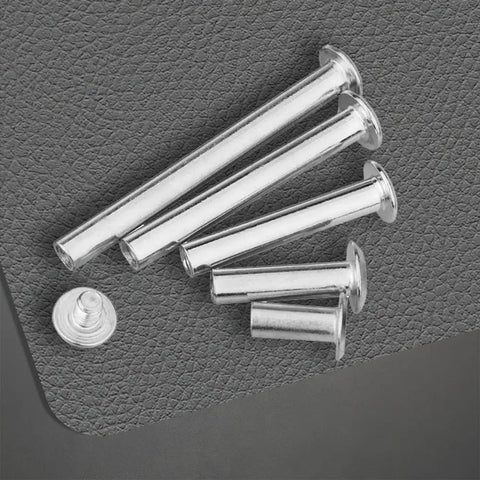 Top Drawer Nickel Plated Chicago Binding Screw Kit holding assorted nickel posts in various lengths for heavy duty leather work.