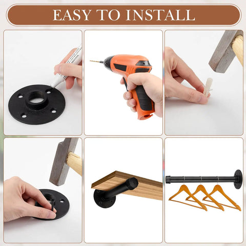 Installation process for Dope Industrial Pipe Shelf Brackets Set Of 12 with tools and floating shelf demonstration.