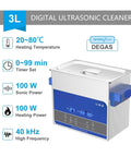 Digital Ultrasonic Cleaner 3 Liter Tank With Heating And Timer Features showing controls and temperature settings.