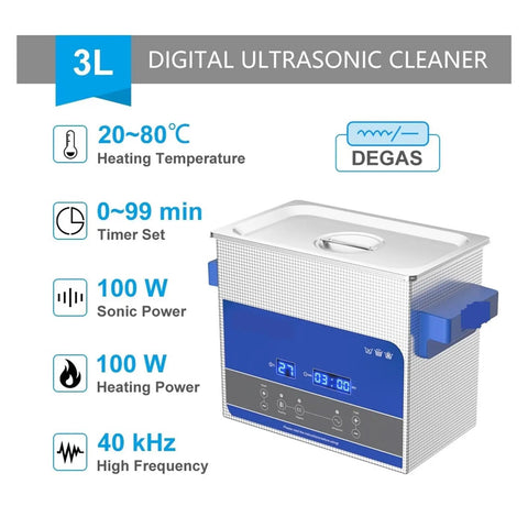 Digital Ultrasonic Cleaner 3 Liter Tank With Heating And Timer Features showing controls and temperature settings.