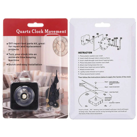 DIY Clock Movement Kit Quartz Battery Operated Replacement Mechanism packaging with short hands and instructions