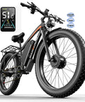 Black Dual Motor Fat Tire Electric Bike For Adults, 6000W Peak Power, 51 MPH Top Speed, with 52V 36Ah 1872Wh Removable Battery