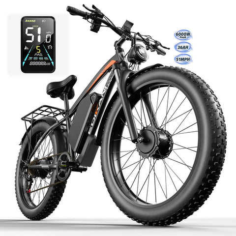 Black Dual Motor Fat Tire Electric Bike For Adults, 6000W Peak Power, 51 MPH Top Speed, with 52V 36Ah 1872Wh Removable Battery