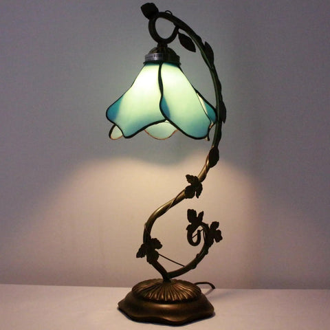 Blue Tiffany Style Stained Glass Table Lamp With Metal Leaf Base, 21 Inch Tall, 8 Inch Wide Shade, Bronze Finish, S701 Series