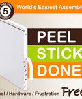 Eco Two Shelf Narrow Bookcase In White No Tools Needed Tool Free Assembly shown with peel and stick installation.