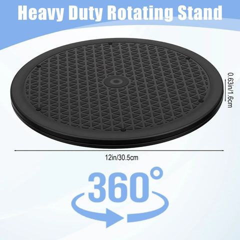 3 Pack 12 Inch Heavy Duty Rotating Swivel Stands That Roll Smooth as Butter With 360 Degree Lazy Susan Spin for Kicking Your Kitchen Cabinet Chaos to the Curb While Keeping Your Space Spick and Span black rotating stand top view showing 12 inch size and textured surface.