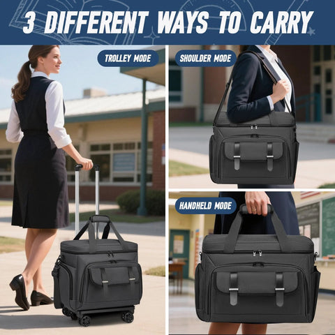 Three ways to carry Detachable Wheels Rolling Teacher Tote Bag For Women And Men With 15.6 Inch Laptop Compatibility