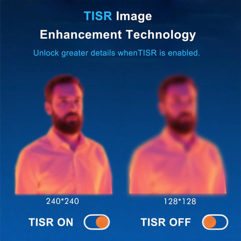 Comparison of thermal images with TISR technology on and off, demonstrating image resolution and detail differences.