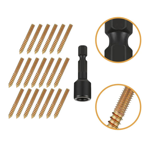 Wood Dowel Screws Kit With Driver, 20 Double Headed Hanger Bolts, 5/16-18 X 2 Inch, carbon steel fasteners displayed with driver.
