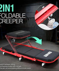 Beefy Low Profile Rolling Folding Mechanic Creeper Seat With Six Swivel Casters And Heavy Duty Steel Frame, showed in folded position.