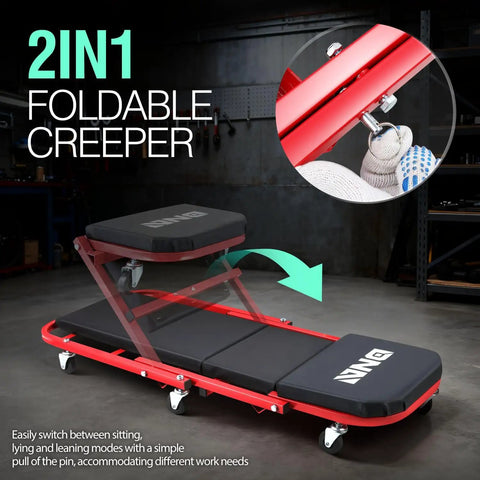 Beefy Low Profile Rolling Folding Mechanic Creeper Seat With Six Swivel Casters And Heavy Duty Steel Frame, showed in folded position.