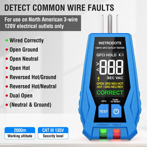 Digital Circuit Breaker Finder With GFCI Tester And Color LCD Display For Ninety To One Hundred Thirty Five Volts AC Circuits Quick Breaker Identification Built In Buzzer Alarm Batteries Included And Carrying Case Easy Setup showing wire fault detection.
