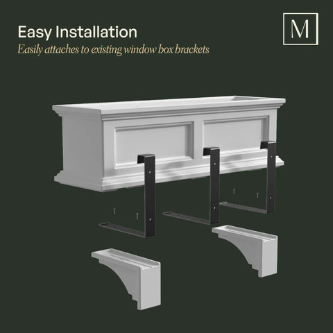 White Fairfield And Cape Cod Window Box Decorative Brackets Two Pack Built To Last In 100 Percent Polyethylene Resin For All Weather Tough Outdoor Use Engineered To Fit Fairfield And Cape Cod Window Box Models positioned below assembly diagram.