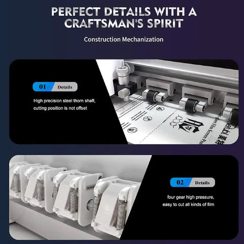 Universal Screen Protector Cutter With Touch Screen and Multi Language Support, detailed view of precision cutting mechanism.