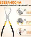 Washer Spring Expansion Removal Tool For Front Load Washers Fits LG Samsung Whirlpool Kenmore And More Easy To Use Door Boot Spring Clamp Removal Tool For Inner Outer Door Boot Seals, showing full tool with black and yellow grip.