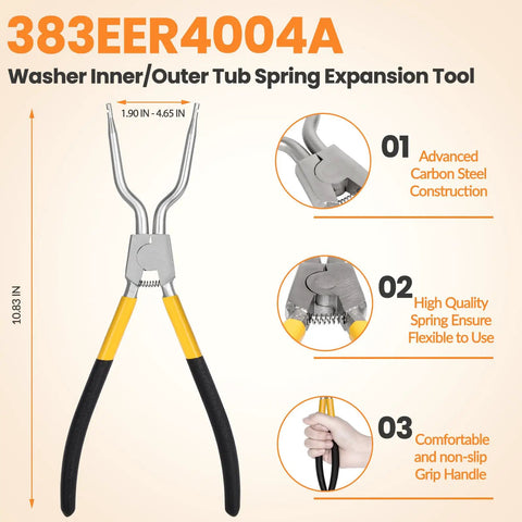 Washer Spring Expansion Removal Tool For Front Load Washers Fits LG Samsung Whirlpool Kenmore And More Easy To Use Door Boot Spring Clamp Removal Tool For Inner Outer Door Boot Seals, showing full tool with black and yellow grip.
