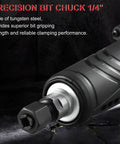 Top Tier 1/4 Inch Electric Die Grinder Pulling 28000 RPM With Rubber Grip Handle shows precision bit chuck made of tungsten steel.