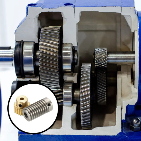 uxcell worm gear set in blue gearbox; brass 20T gear, 4mm bore, steel shaft, 0.8 module, 1:20 reduction