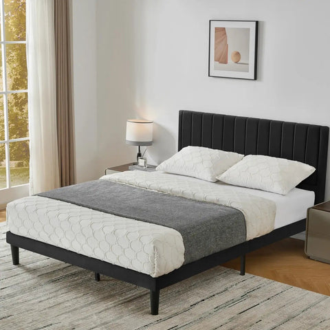 Ultra Comfy Queen Platform Bed Frame With Cozy Velvet Upholstered Headboard Built For Dead Quiet Sleep With Zero Box Spring Needed, modern bedroom setup