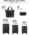 YOETEY 5-piece luggage set with wheels; black hardside suitcases in 28in, 24in, 20in; tote bag and 3L toiletry bag.