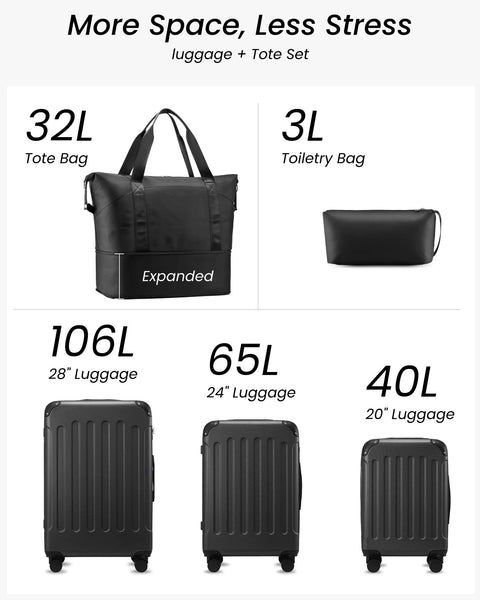 YOETEY 5-piece luggage set with wheels; black hardside suitcases in 28in, 24in, 20in; tote bag and 3L toiletry bag.
