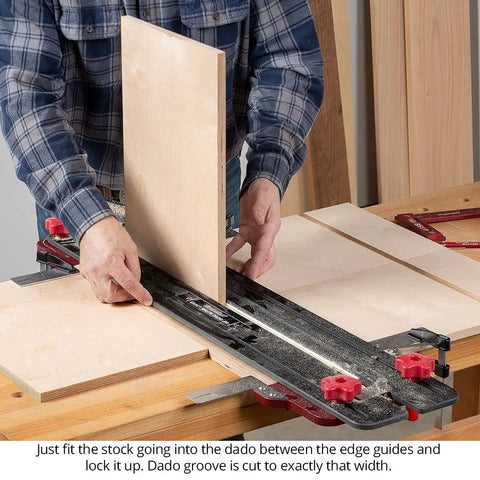 Hook Up This Premium Shop Tested 32 Inch Router Dado Jig And Dial Dead On Grooves Any Day With Its Exact Width System And Chunky Clamping Pad For Easy Routing in use, adjusting a panel for precise cuts.
