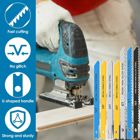 Top Shelf 24 Piece High Carbon Steel Jigsaw Blade Set Packing Killer U Shank Design For Savage Cuts Through Wood Metal And Plastic With Assorted Tooth Counts For Pro Level Garage Projects used on a jigsaw cutting wood.