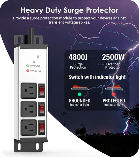 Beefy 3 Outlet Surge Protector With Twelve Gauge Cord And Six Foot Length Individual Switches Grounding Protection 20 Amp Circuit Breakers NEMA 5-15P Plug Brushed Silver Power Strip For Home Office Workshop And Studio, brushed silver three-outlet unit with switches