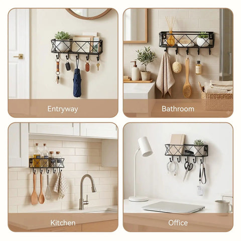 Wall Mounted Key Holder With Five Hooks And Metal Wire Mesh Mail Basket in entryway, bathroom, kitchen, and office settings