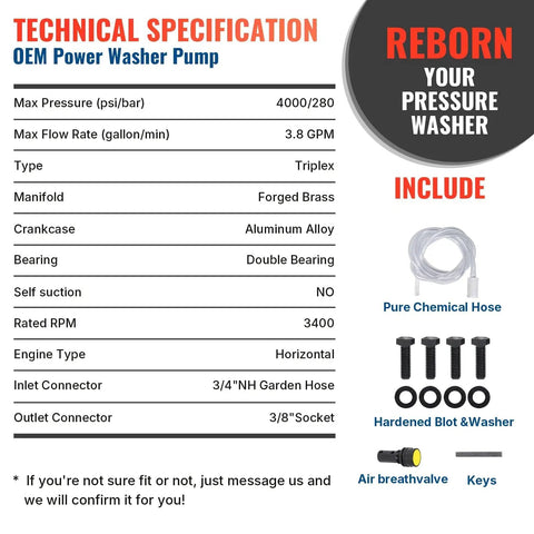 Technical specifications for Beast Mode 4000 PSI 3.7 GPM Horizontal Triplex Plunger Pump With 1 Inch Shaft Replacement For Simpson 90034 90039 90038 And Honda GX Series Gas Powered Pressure Washers.