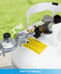 Side view of Stanbroil two-stage propane regulator with gauge on a white LP tank; P.O.L and 3/8 in. NPT fittings