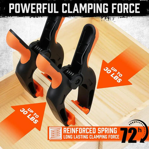 Six Pack Heavy Duty Spring Clamps, 7 Inch Plastic Clamps securing wooden boards with 3.7 Inch Jaw Opening, ergonomic TPR grip.