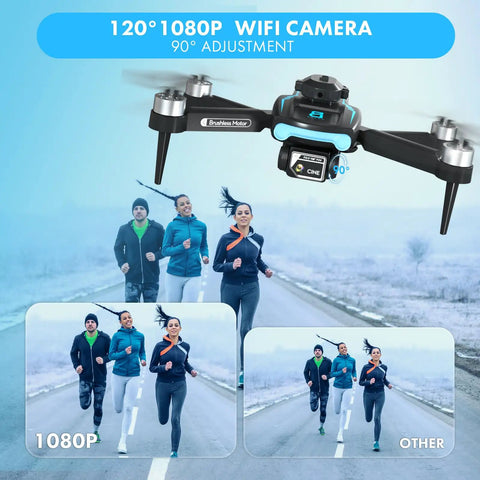 1080P HD Dual Camera Drone With Obstacle Avoidance Foldable RC Quadcopter capturing joggers, with 90° rotating front camera.