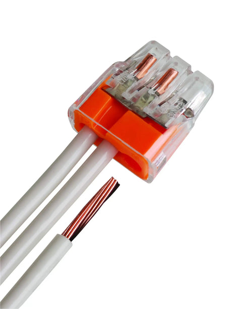 Three-Port Push-In Wire Connector for 12-20 AWG Orange 100-Pack with visible wiring connections