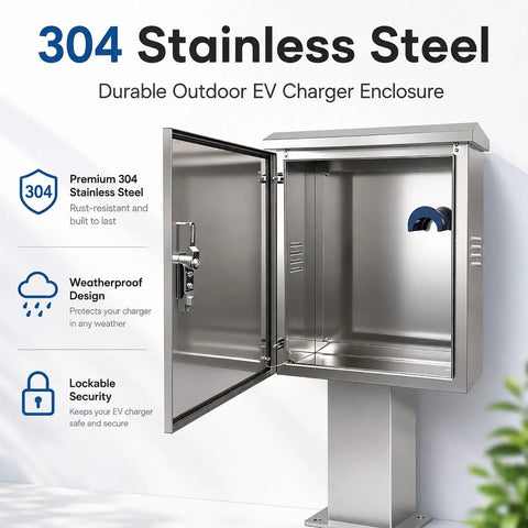 Tough As Nails Outdoor EV Charger Enclosure With Key Lock Security built like a tank made of 304 stainless steel, showcasing interior and lock.