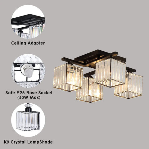 4 Light Rectangular Modern Crystal Chandelier Pendant Fixture For Dining Room Living Room Kitchen Hallway Geometric Lighting