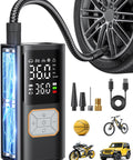 Portable Tire Inflator Air Compressor With 150 PSI Cordless Car Tire Pump Digital Pressure Gauge Auto Shut Off No Fuss Quick Inflation For Cars And Motorcycles On The Go, showing full kit with accessories.