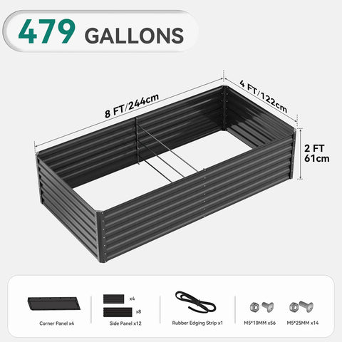 Galvanized Raised Garden Bed Kit 8x4x2 Ft Large Metal Planter Box With Gloves Safety Rubber and Support Rods for No Sweat Setup Outdoor Garden Bed for Vegetables and Flowers Black with 479 gallons capacity